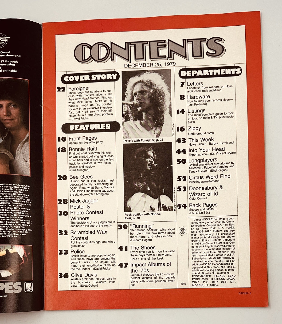 Table of Contents page from Circus Magazine, December 25, 1979, listing features including articles on Foreigner, Bonnie Raitt, Bee Gees, and other music highlights of the decade.