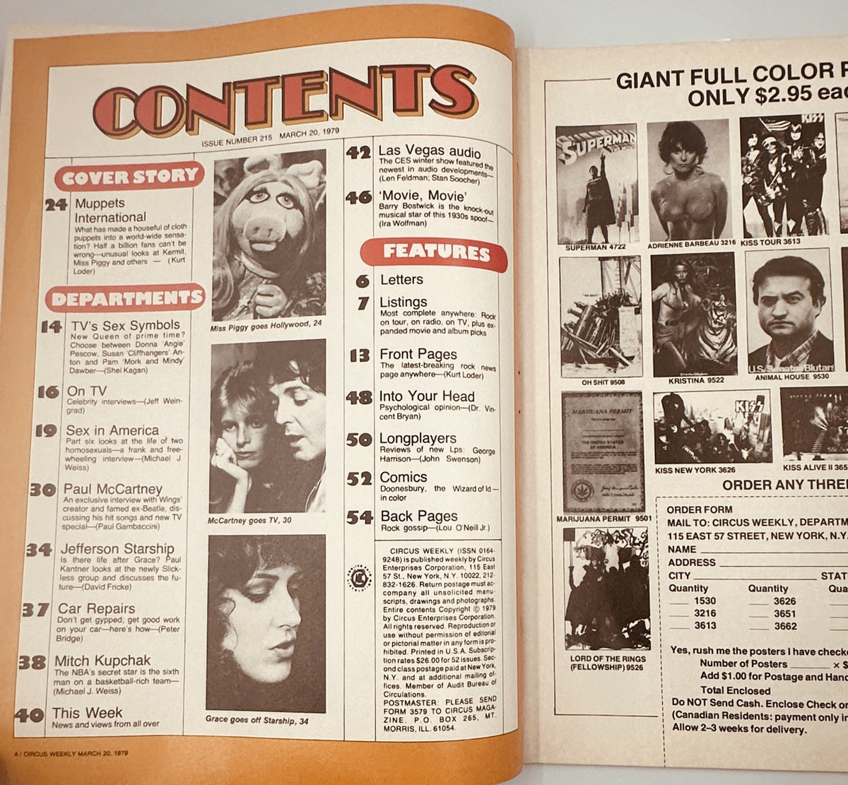 Table of contents from Circus Magazine March 20, 1979, highlighting features such as the Muppets, Paul McCartney, and Jefferson Starship.