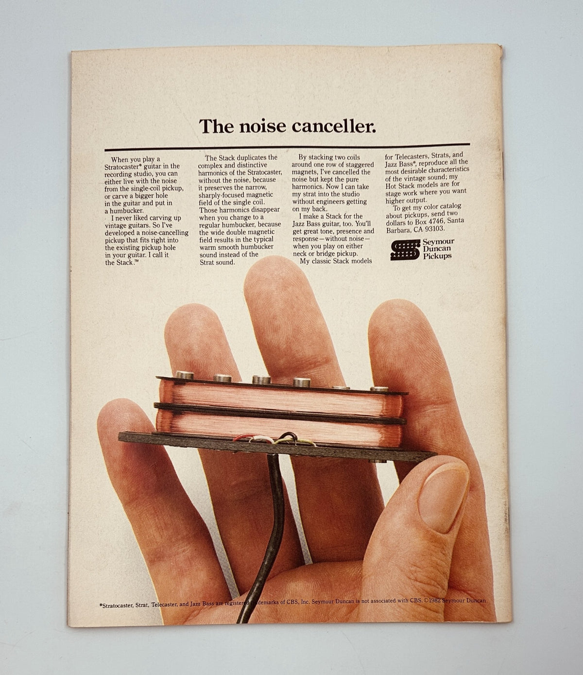 Advertisement for a noise canceller device, illustrated with a hand holding the product, featured in Circus Magazine November 30, 1982, which includes articles on Rush, John Cougar, The Who, and Go-Go's.