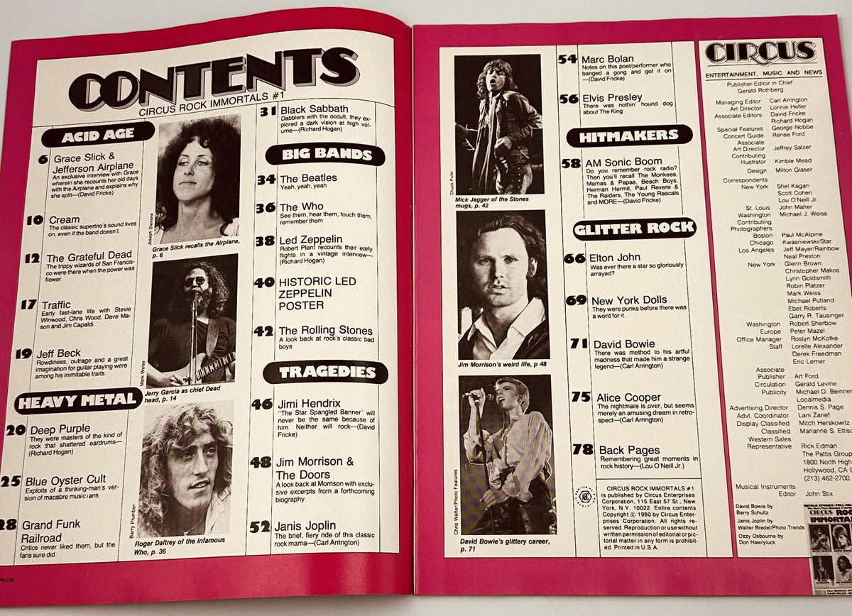 Table of Contents from Circus Magazine 1980, detailing articles featuring legendary musicians such as Grace Slick, Jeff Beck, The Beatles, Led Zeppelin, and Janis Joplin.