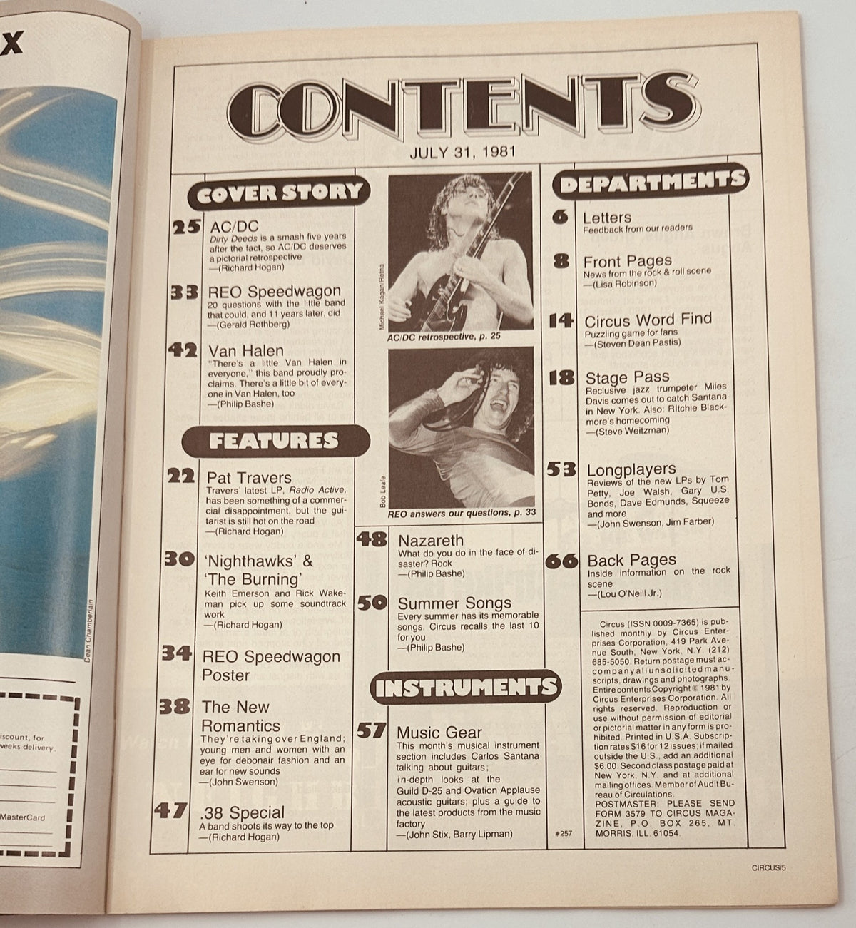 Table of contents from Circus Magazine July 31, 1981, detailing articles on AC/DC, REO Speedwagon, Van Halen, and other music features of the era.