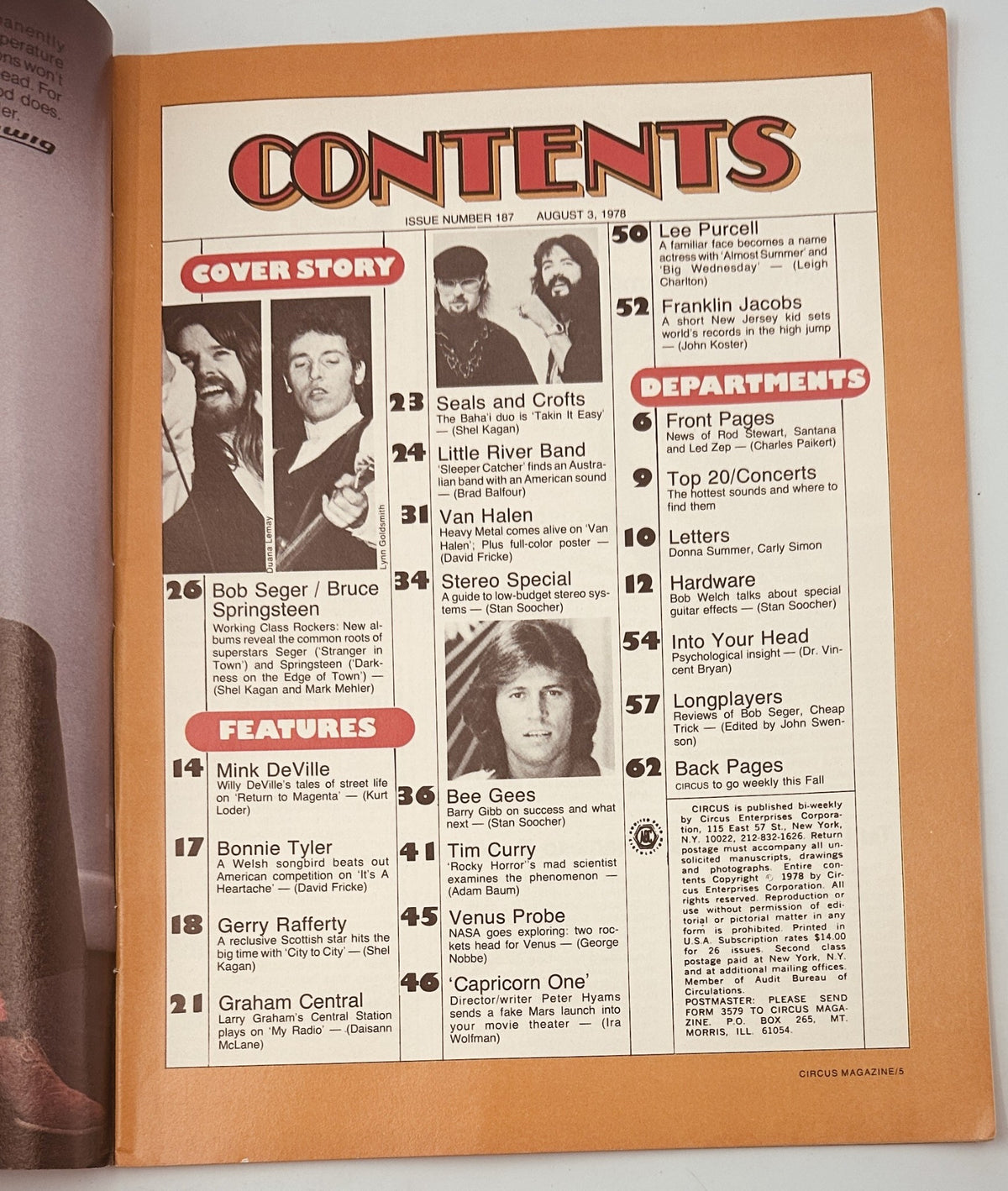 Table of contents from Circus Magazine August 3, 1978 featuring Bob Seger and Bruce Springsteen cover story, along with various music articles and features.