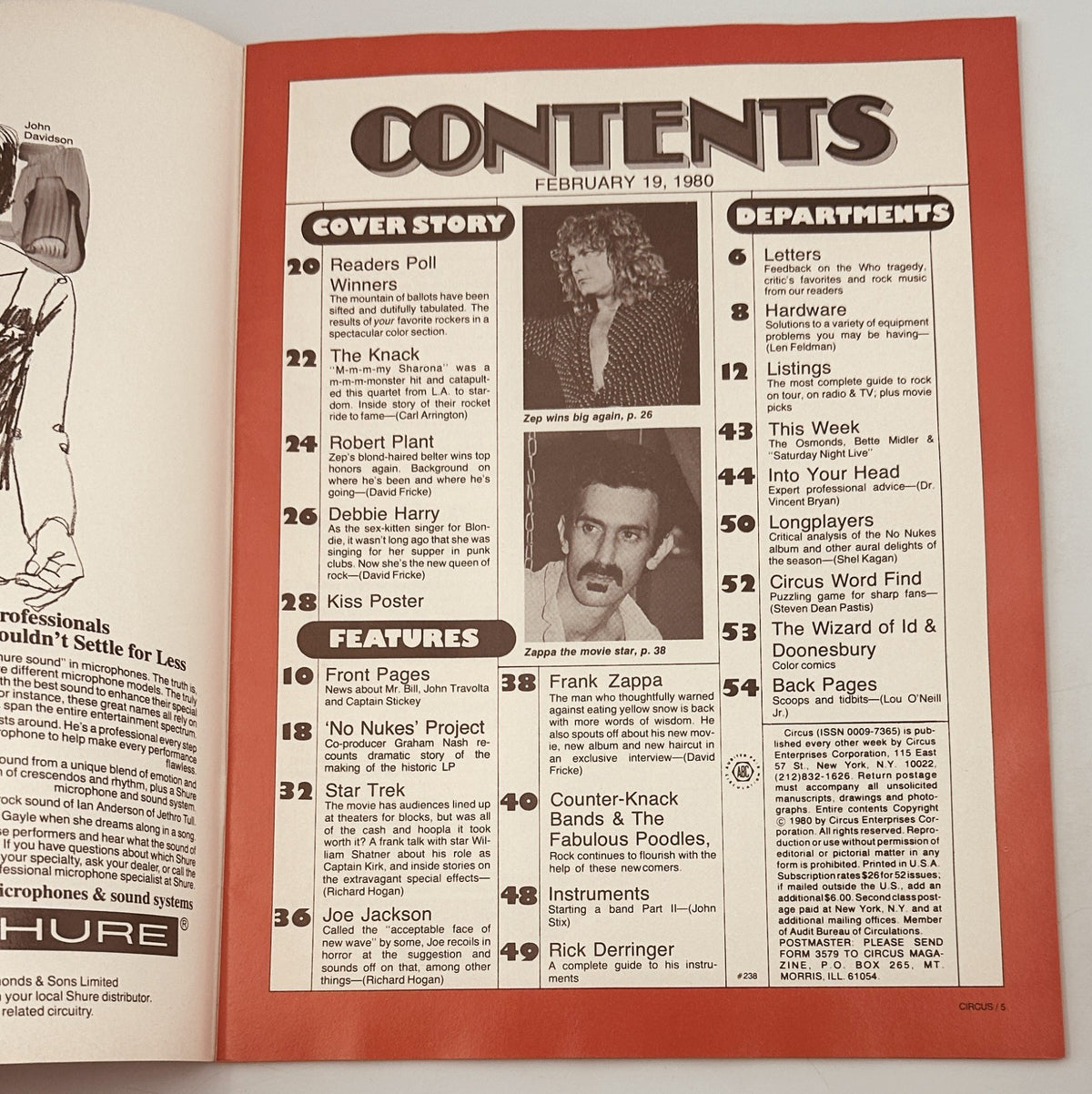 Contents page of Circus Magazine February 19, 1980, detailing the issue's features including Robert Plant, Debbie Harry, and articles on The Knack and Frank Zappa.