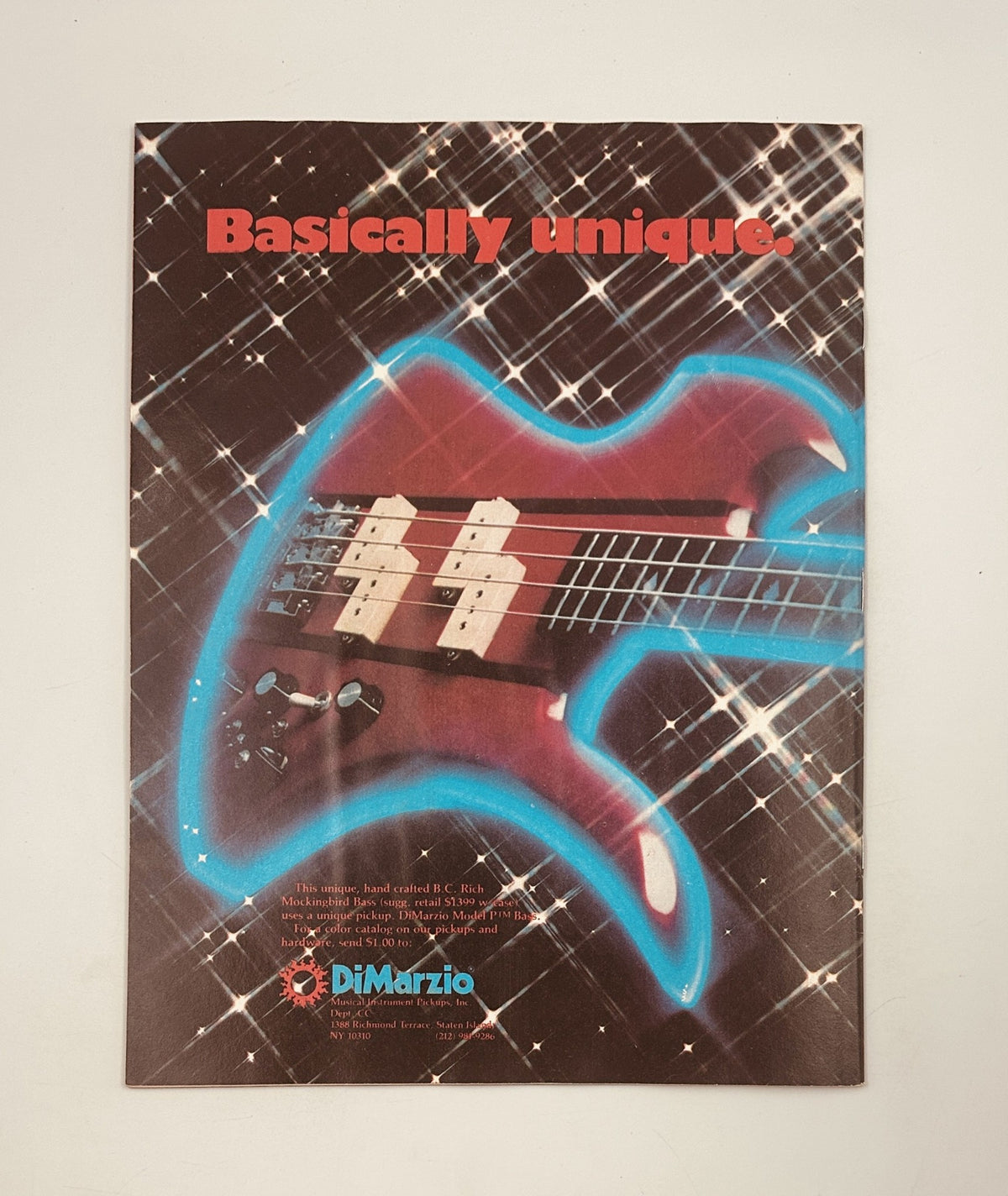 Circus Magazine February 19, 1980 advertisement for DiMarzio guitar pickups showcasing a unique electric guitar with a shimmering backdrop, emphasizing quality and craftsmanship.