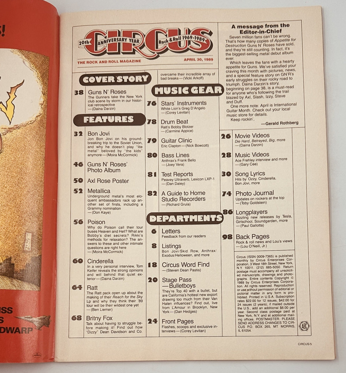 Inside page of Circus Magazine April 30, 1989 showcasing the Table of Contents including features on Guns N' Roses, Bon Jovi, Metallica, and other rock bands.