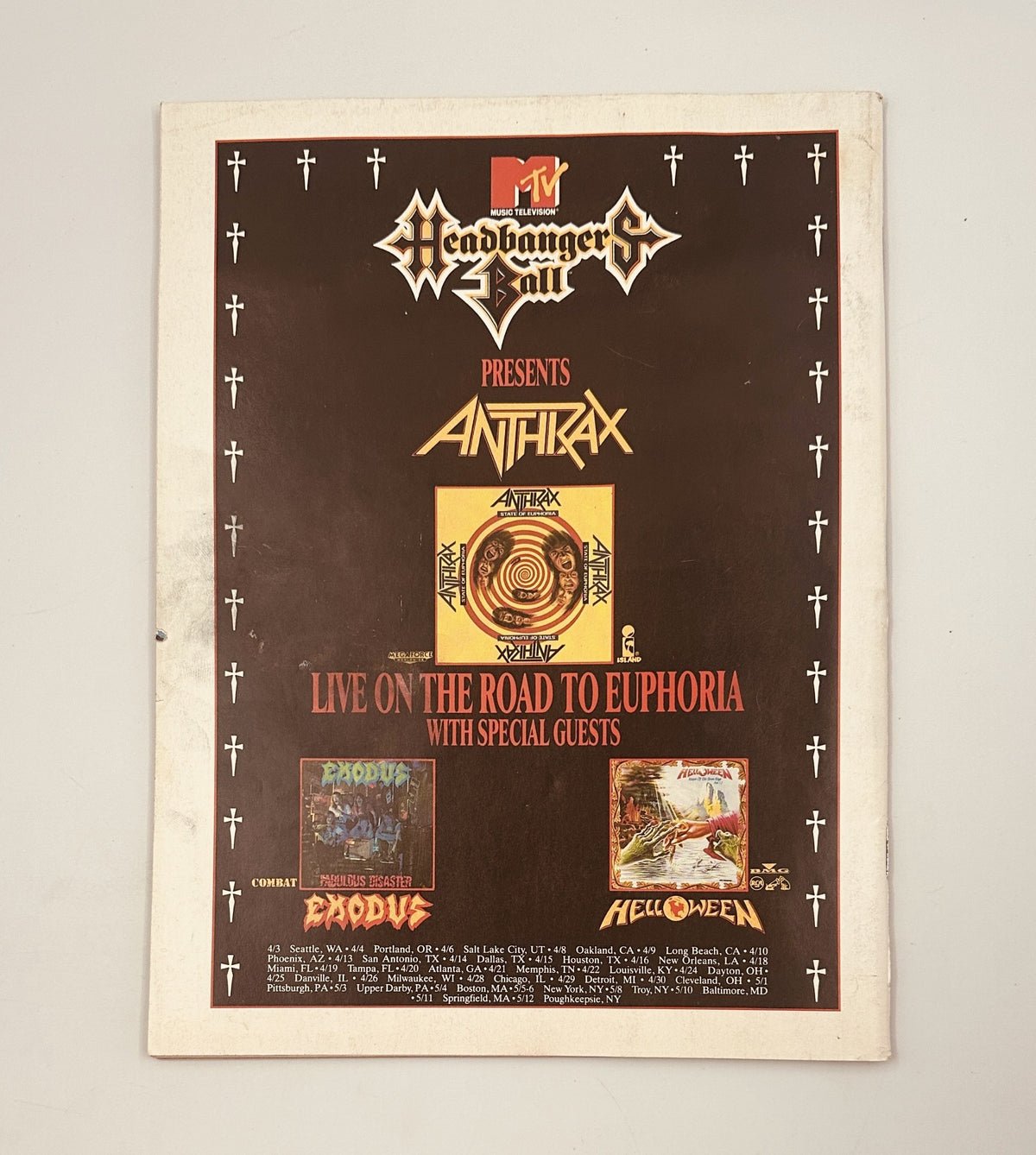 MTV Headbangers Ball advertisement featuring Anthrax, showcasing the tour details for 'Live on the Road to Euphoria' with special guests Exodus and Helloween, in the context of the Circus Magazine April 30, 1989 Guns N Roses Axl Rose Slash Metallica issue.