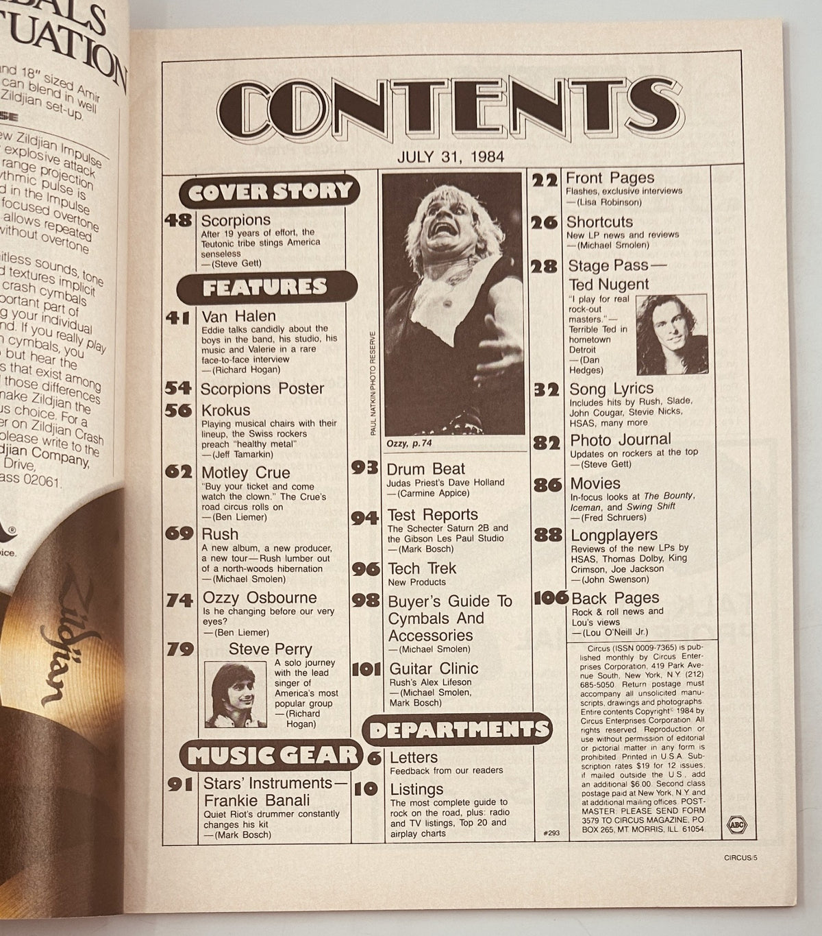 Table of Contents from Circus Magazine July 31, 1984, detailing articles on Scorpions, Van Halen, Motley Crue, Rush, and a special music gear section.