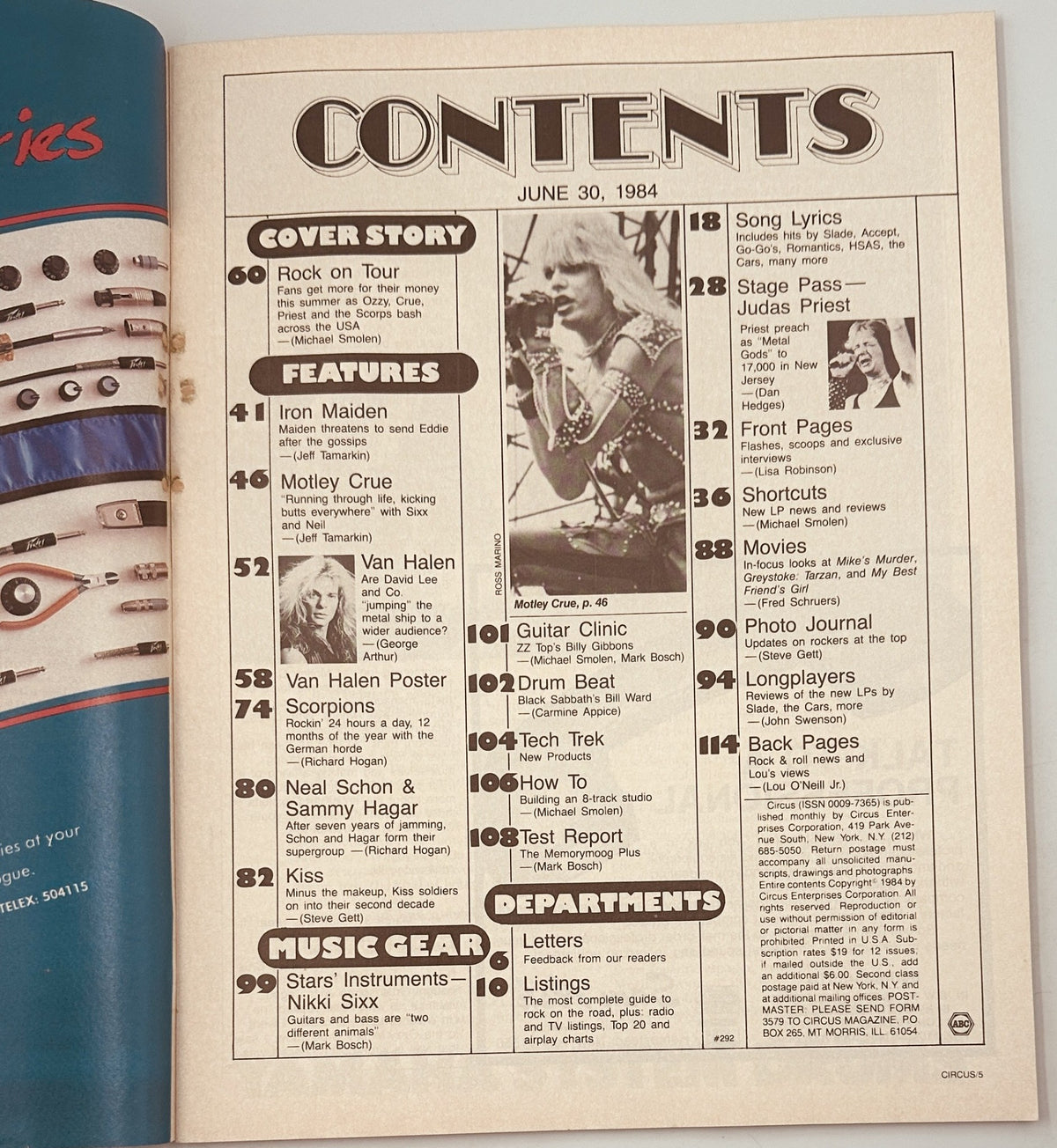 Table of contents for Circus Magazine, June 30, 1984, listing features and articles including Motley Crue, Van Halen, Iron Maiden, and more.