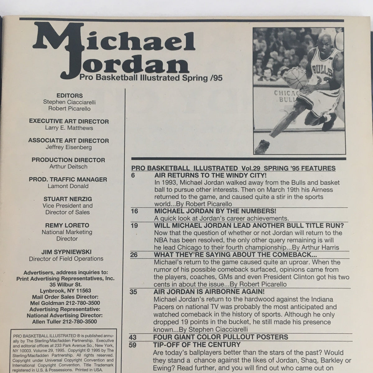 Table of contents for Pro Basketball Illustrated Spring 1995, including segments on Michael Jordan's career and signature moments.