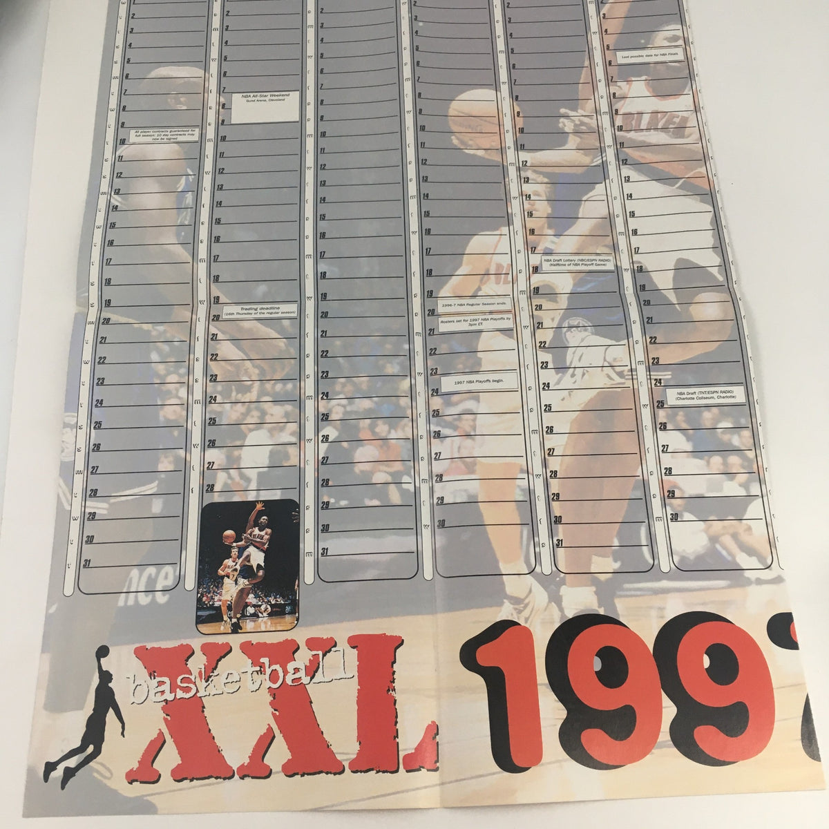 Special calendar page from XXL Basketball Magazine February 1999 highlighting basketball events and players in a vintage design.