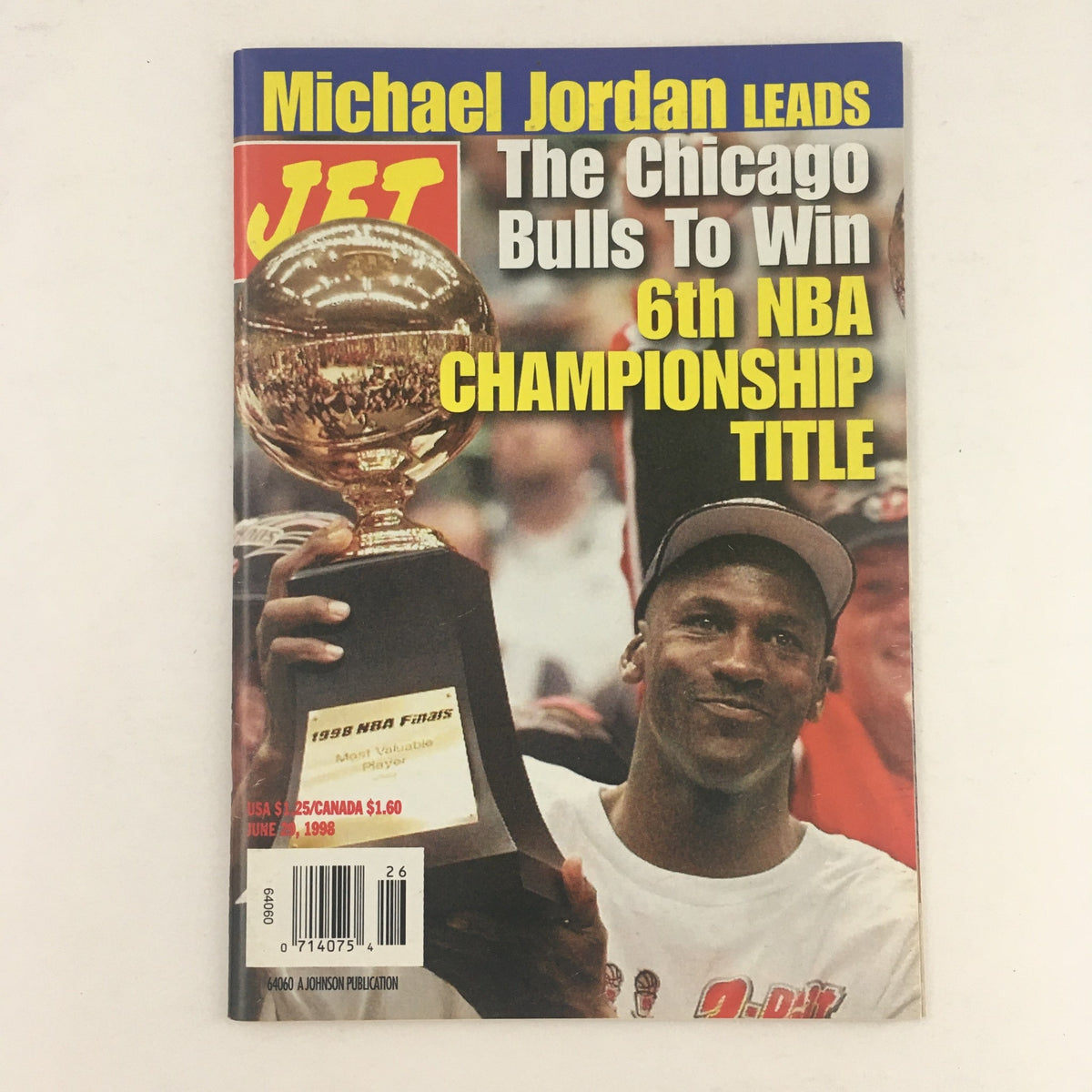 Jet Magazine cover from June 28, 1998 featuring Michael Jordan celebrating his 6th NBA Championship title with the Chicago Bulls. The magazine is in Very Good condition without a label.