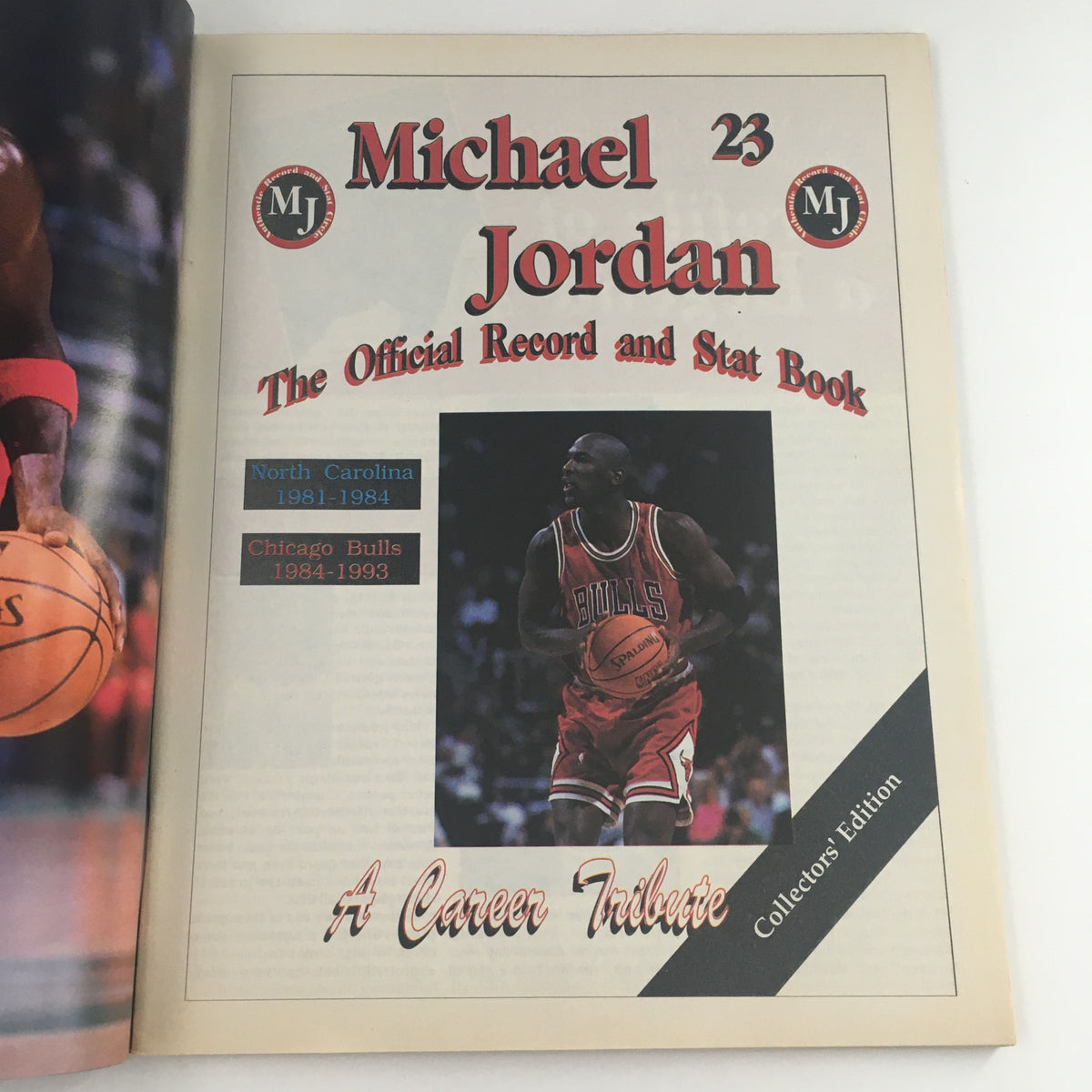 Interior page of Basketball Superstars Magazine 1993 Michael Jordan A Career Tribute showcasing details about Michael Jordan's official record and statistics with images from his career at North Carolina and the Chicago Bulls.