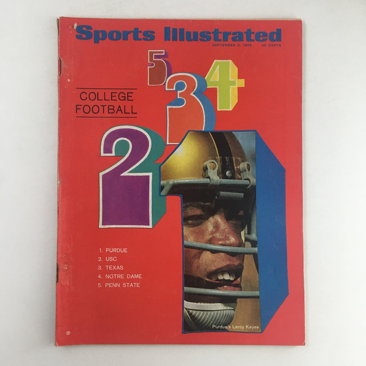 Sports Illustrated Magazine cover from September 9, 1968, featuring Purdue's Leroy Keyes, showcasing college football rankings and vibrant design.