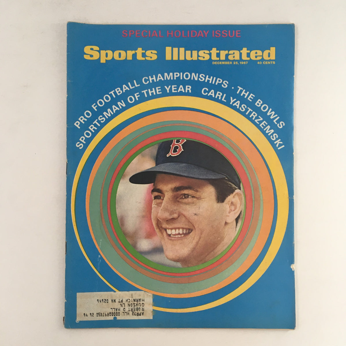 Cover of Sports Illustrated Magazine December 25 1967 featuring Carl Yastrzemski, with vibrant design, highlighting him as Sportsman of the Year, showcasing themes of Pro Football Championships and bowl games.