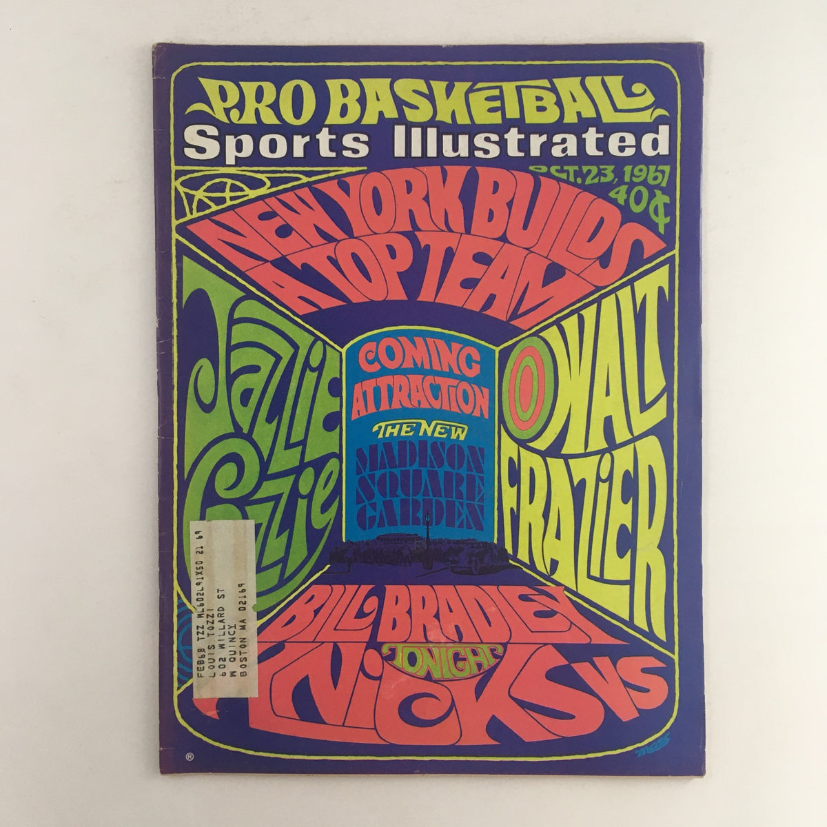 Vintage Sports Illustrated Magazine cover from October 23, 1967 featuring Bill Bradley and Walt Frazier. The cover showcases colorful graphics highlighting the New York Knicks and the new Madison Square Garden. This collectible sports magazine is a piece of basketball history.
