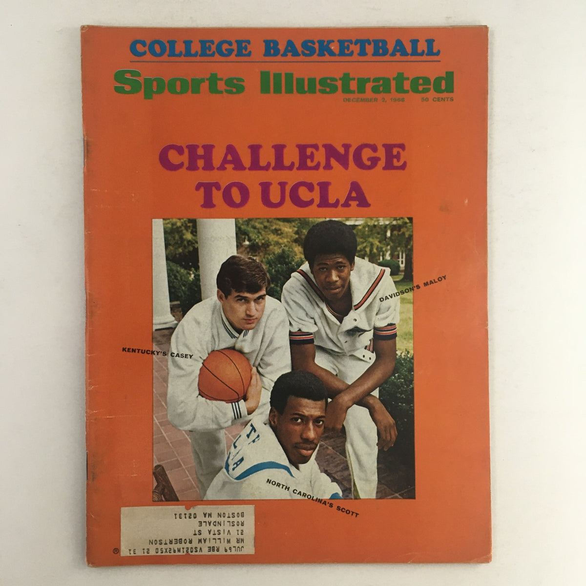 Sports Illustrated Magazine December 2 1966 featuring the cover story 'Challenge to UCLA' highlighting players Casey, Maloy, and Scott, showcasing college basketball history.