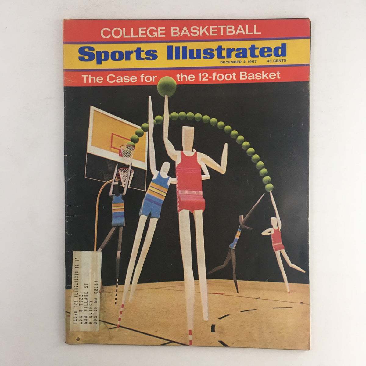 Cover of Sports Illustrated Magazine, December 4, 1967, featuring the article 'The Case For The 12-Foot Basket', with a vibrant illustration depicting basketball players and a hoop.