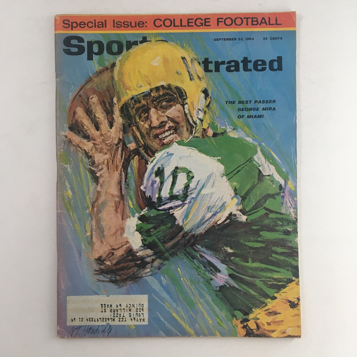 Cover of Sports Illustrated Magazine from September 23, 1963, featuring the Best Passer George Mira of Miami, showcasing a vintage illustration of a football player throwing a pass, with a vibrant color palette highlighting the excitement of college football.