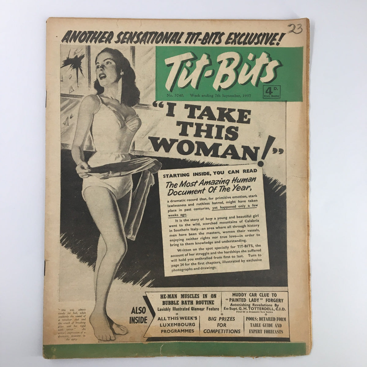 Cover of the VTG Tit-Bits Magazine from September 7, 1957, featuring the headline 'I Take This Woman' and an illustration showcasing classic vintage design elements.