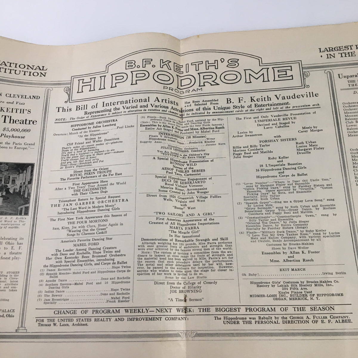 Inside spread of the 1923 B.F. Keith's Hippodrome Two Sailors and A Girl Souvenir Program listing various performers and acts, illustrating the vaudeville format of that era.