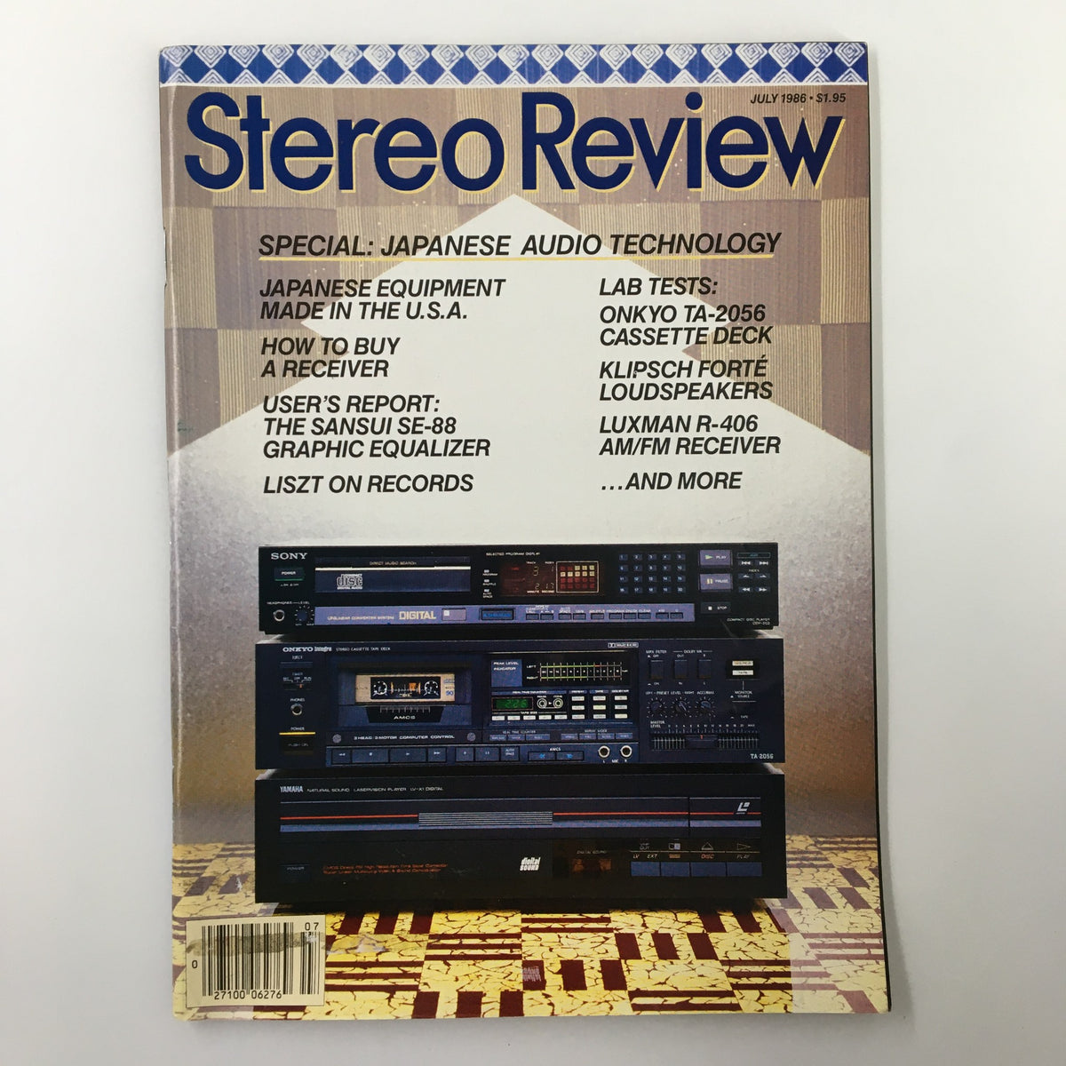 Vintage Stereo Review Magazine July 1986 cover featuring a special focus on Japanese audio technology, highlighting articles on Japanese equipment, how to buy a receiver, lab tests, and more.