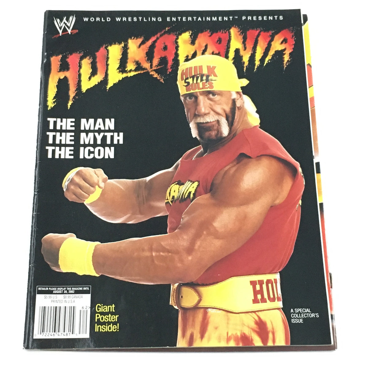 WWE Magazine August 2002 cover featuring Hulk Hogan, showcasing the title 'The Man, The Myth, The Icon' with a giant poster inside.