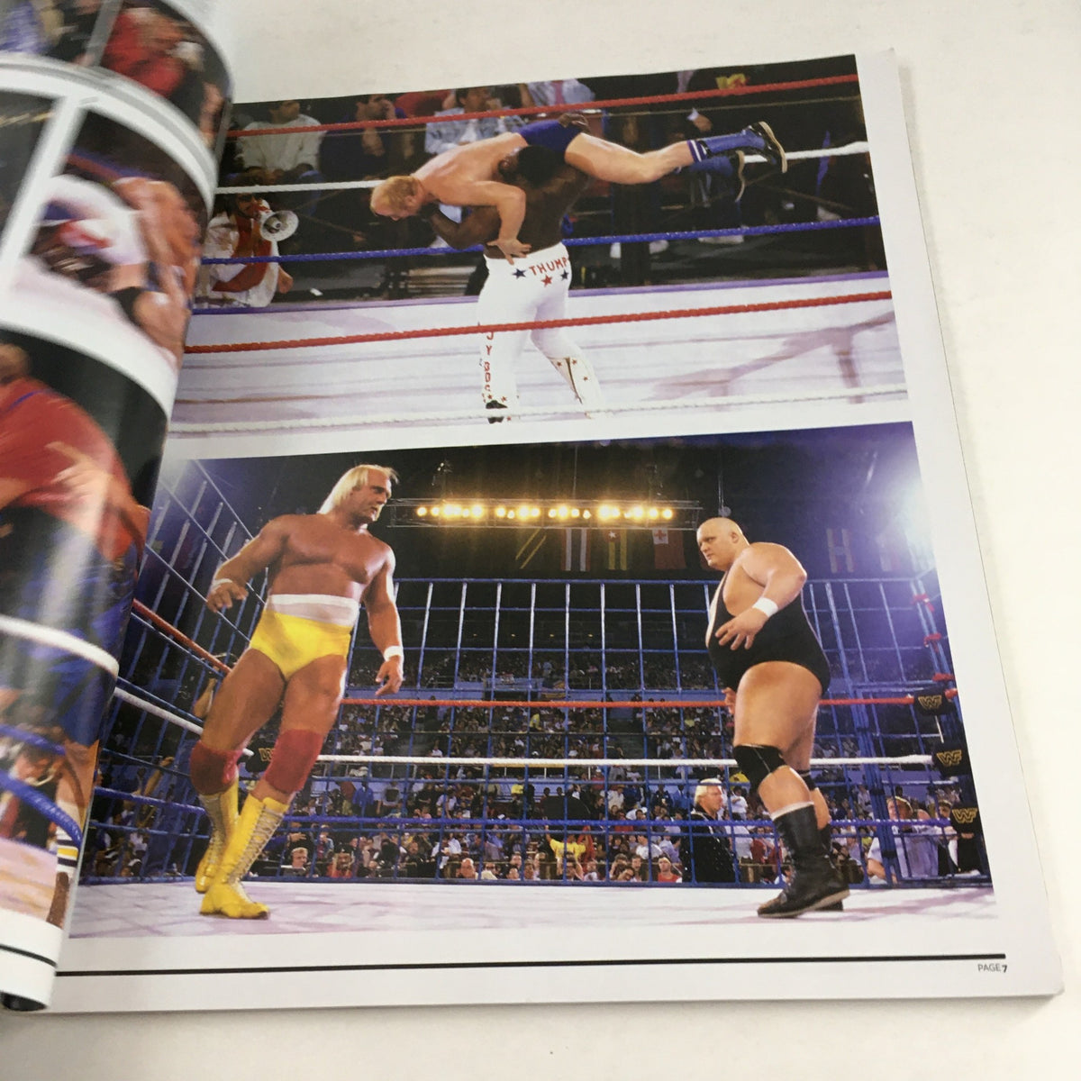 WWF Magazine 2011 Wrestle Mania XXVII page displaying professional wrestlers, highlighting dramatic moments from a wrestling showdown.