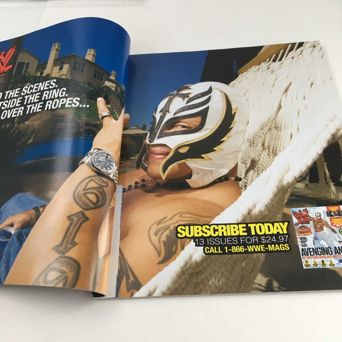 WWF Magazine 2010 Wrestle Mania XXVI Almanac featuring a masked wrestler promoting subscription offers in a relaxed setting.
