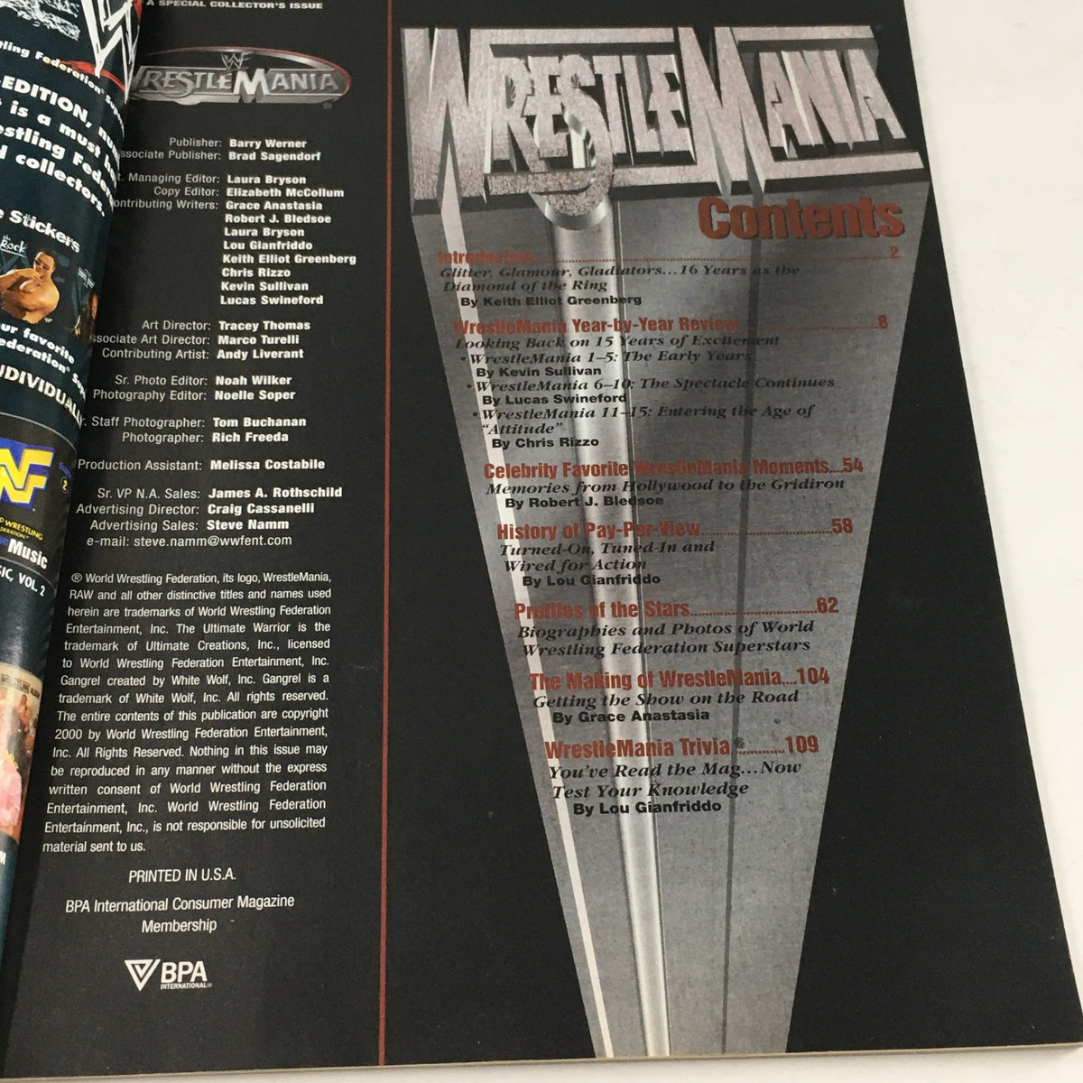 WWF Magazine 2000 Contents Page featuring articles and trivia from Wrestle Mania - Iconic wrestling magazine with insights into wrestling history