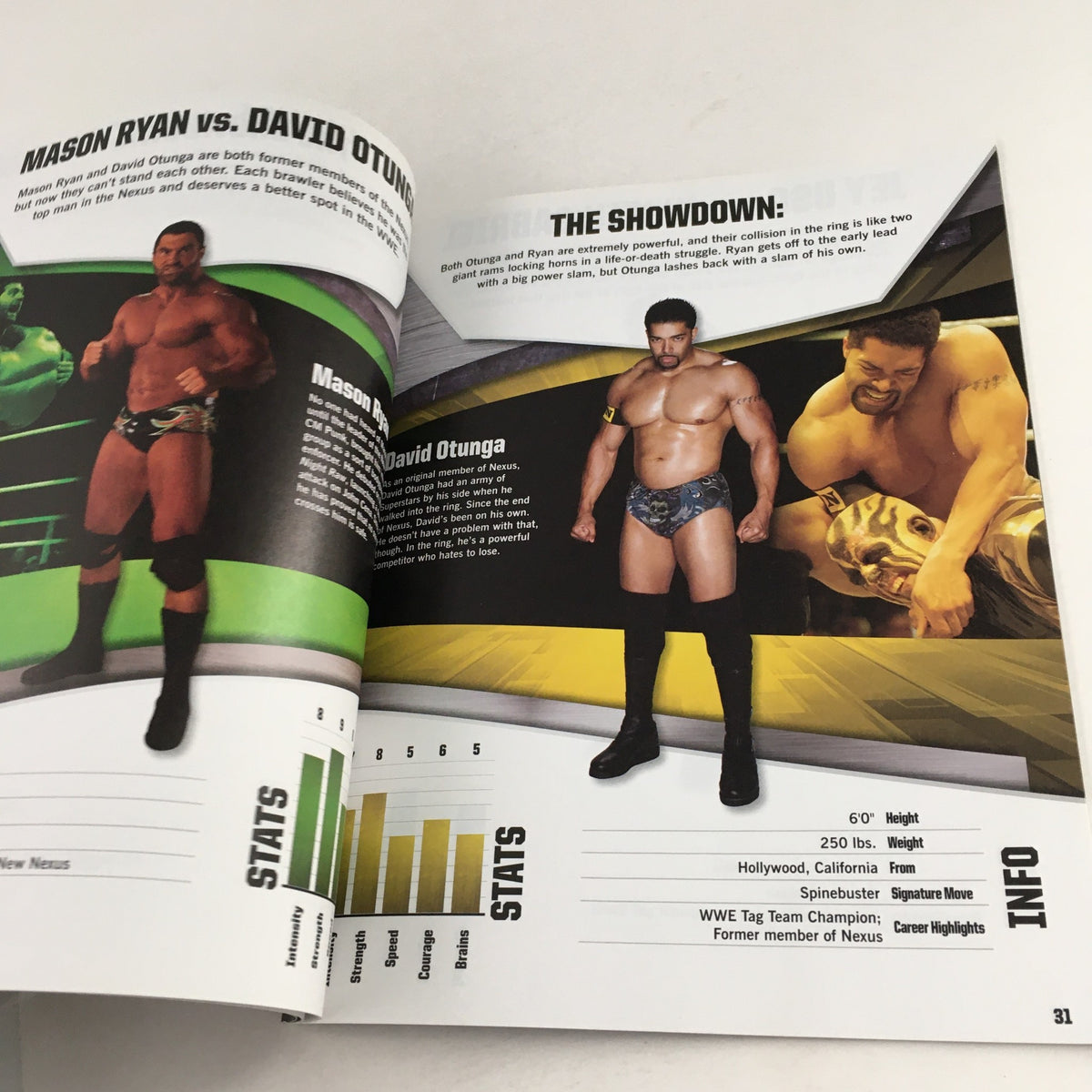 WWE WWF Magazine 2012 Head-to-Head presenting Mason Ryan vs. David Otunga, highlighting their stats and wrestling backgrounds with visuals from the ring.