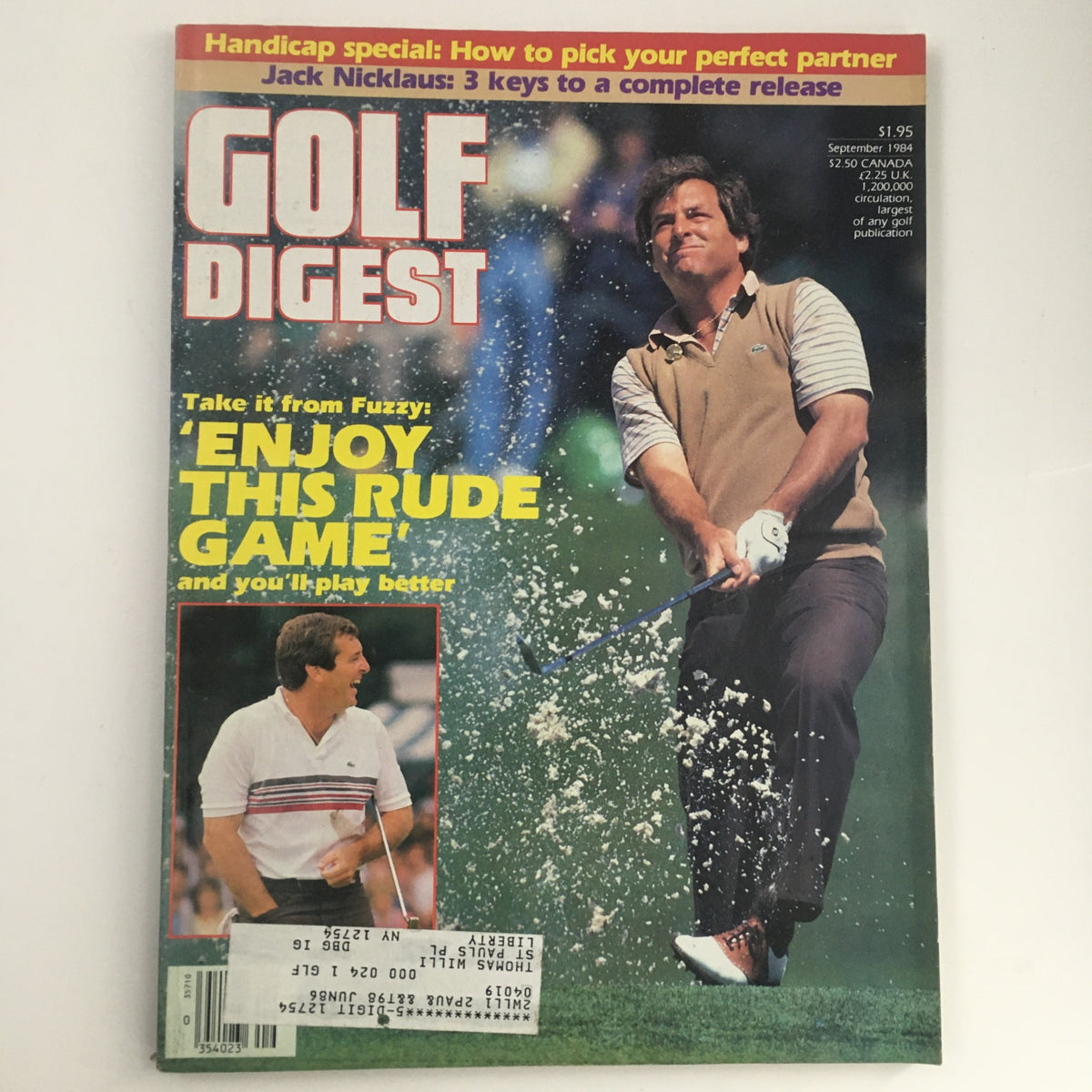Golf Digest Magazine cover from September 1984 featuring Fuzzy Zoeller and Jack Nicklaus. The cover showcases Fuzzy Zoeller in action on the golf course with the bold text 'Enjoy This Rude Game' alongside an inset image of Jack Nicklaus. Perfect for collectors and golf enthusiasts.