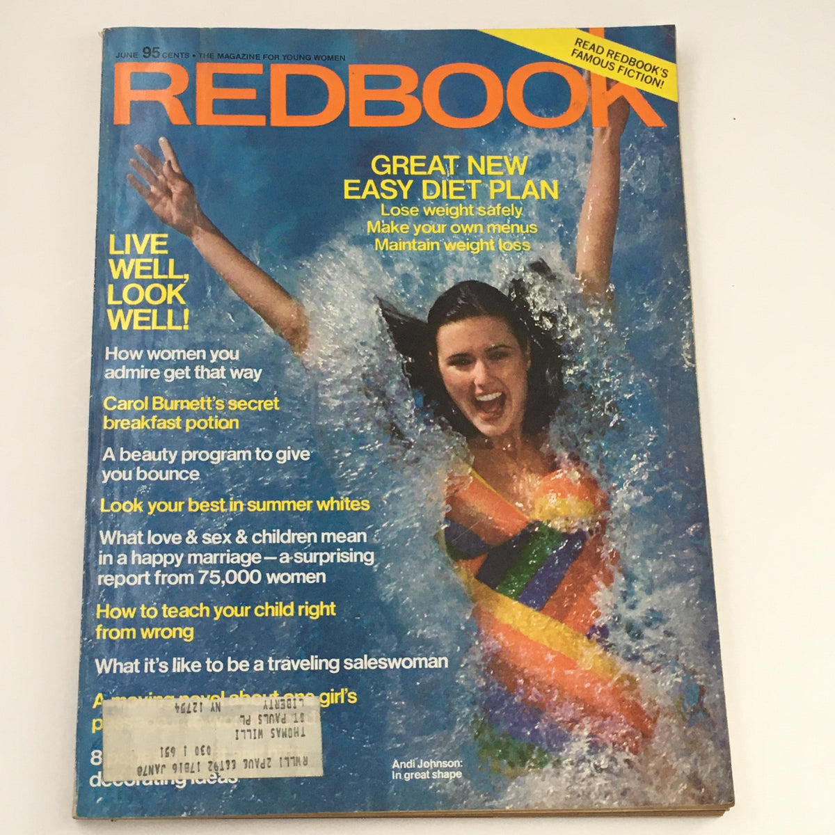 Redbook Magazine June 1976 cover featuring Andi Johnson in a vibrant swimsuit enjoying a splash of water, promoting fitness and wellness alongside articles such as Carol Burnett's secret breakfast potion.