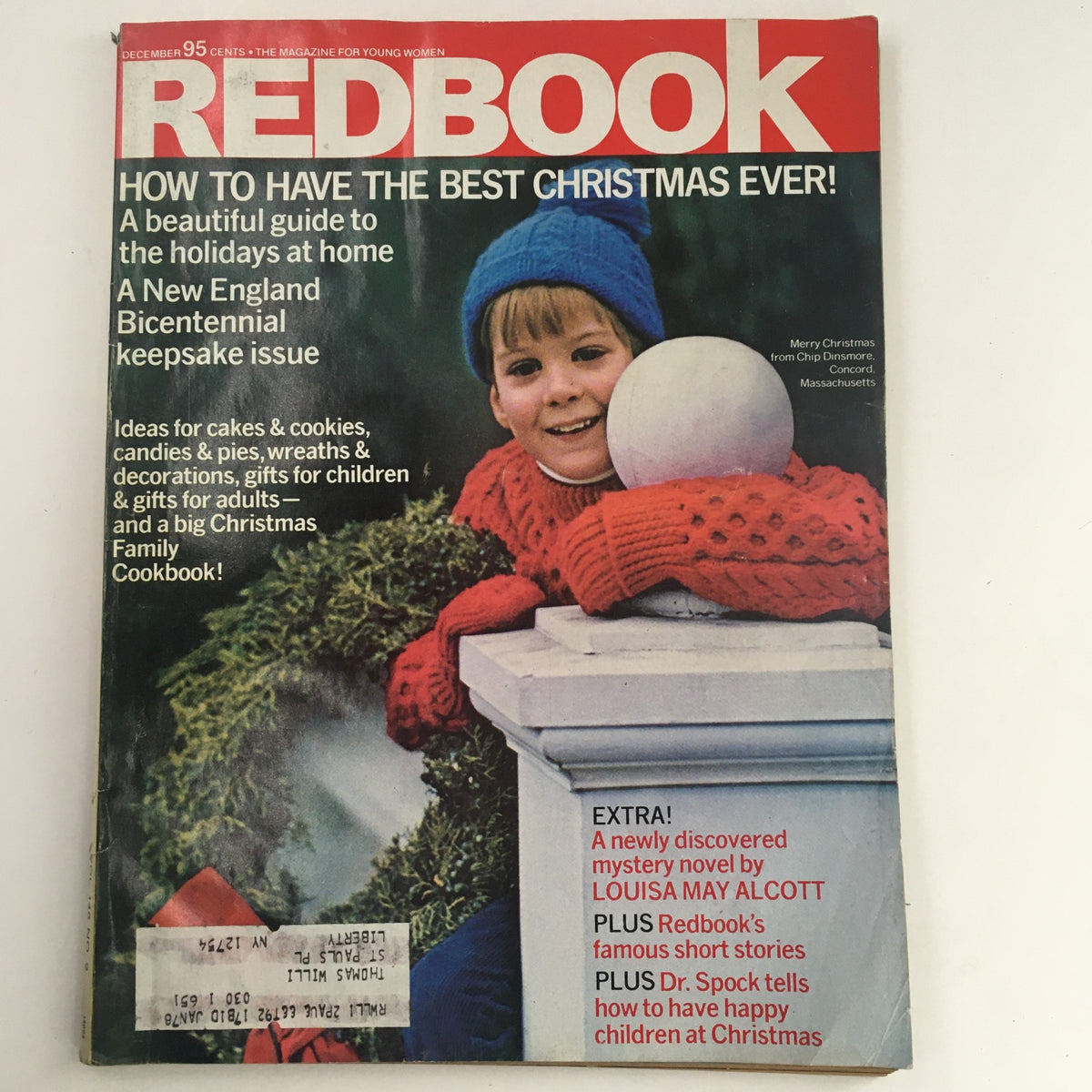 Cover of Redbook Magazine December 1975 featuring a festive child in a red sweater and blue hat, promoting holiday tips and a beautiful guide for Christmas.