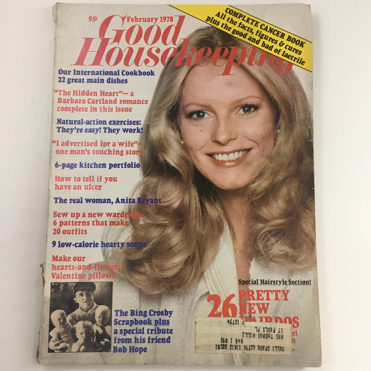 Cover of Good Housekeeping Magazine February 1978 featuring Barbara Cartland and Bing Crosby Scrapbook, showcasing articles on hairstyle trends, recipes, and personal stories.