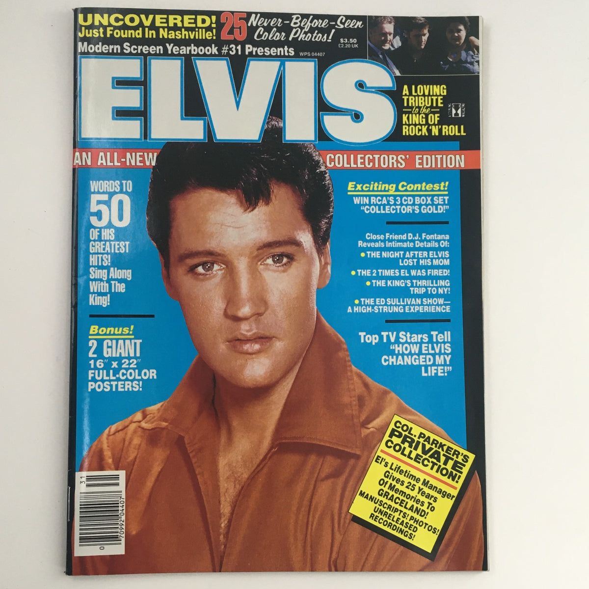 Cover of Modern Screen Yearbook #31 Presents Elvis Presley featuring a portrait of Elvis with the headline 'ELVIS' and details about content including exclusive color photos and two giant posters.