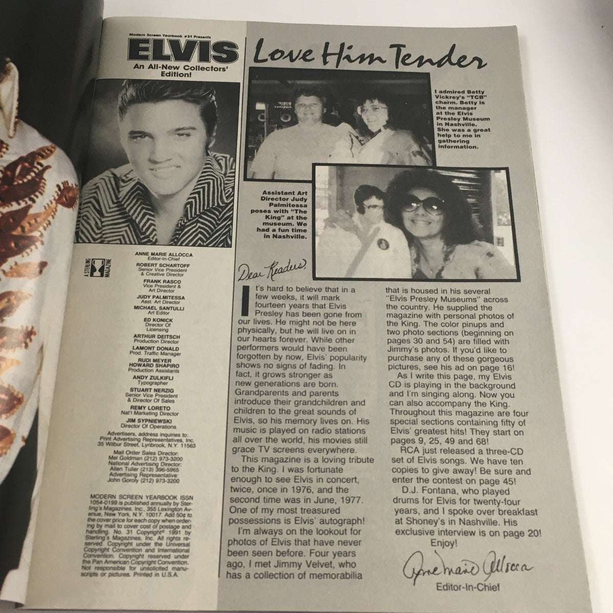 Modern Screen Yearbook #31 Presents Elvis Presley, featuring articles and images, including a vintage photo of Elvis and other contributors, reflecting 1960s pop culture.
