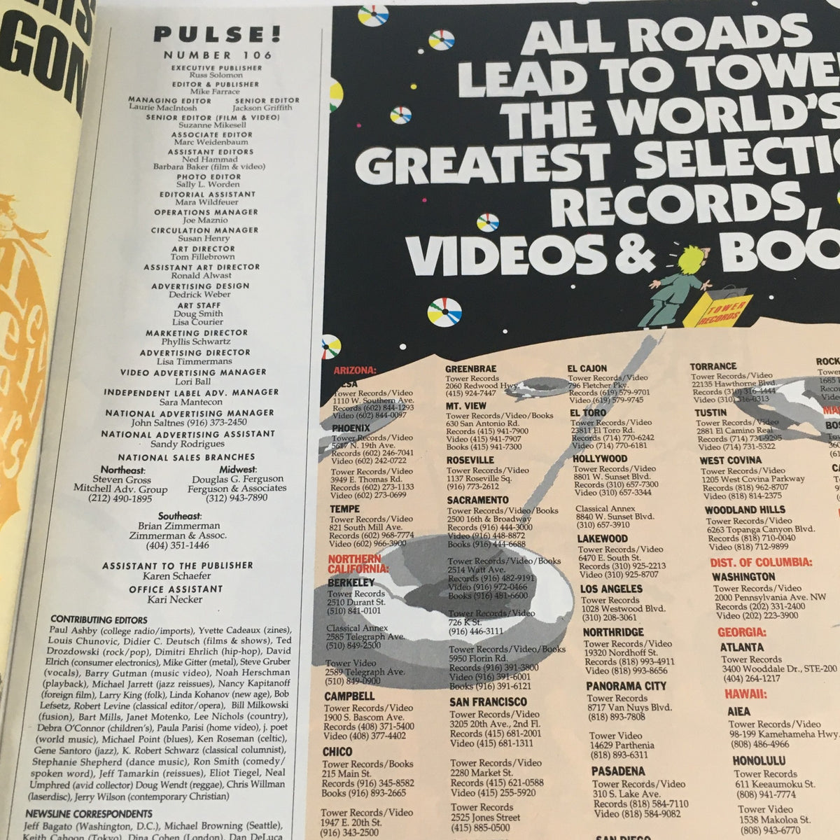 Page from Pulse Magazine July 1992 #106 showing magazine staff and contributors details, highlighting the editorial team and their roles.