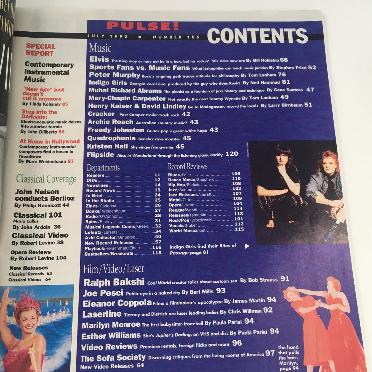 Contents page of Pulse Magazine July 1992 #106 featuring topics on Elvis Presley, Peter Murphy, and various music reviews, along with a visual layout of articles.