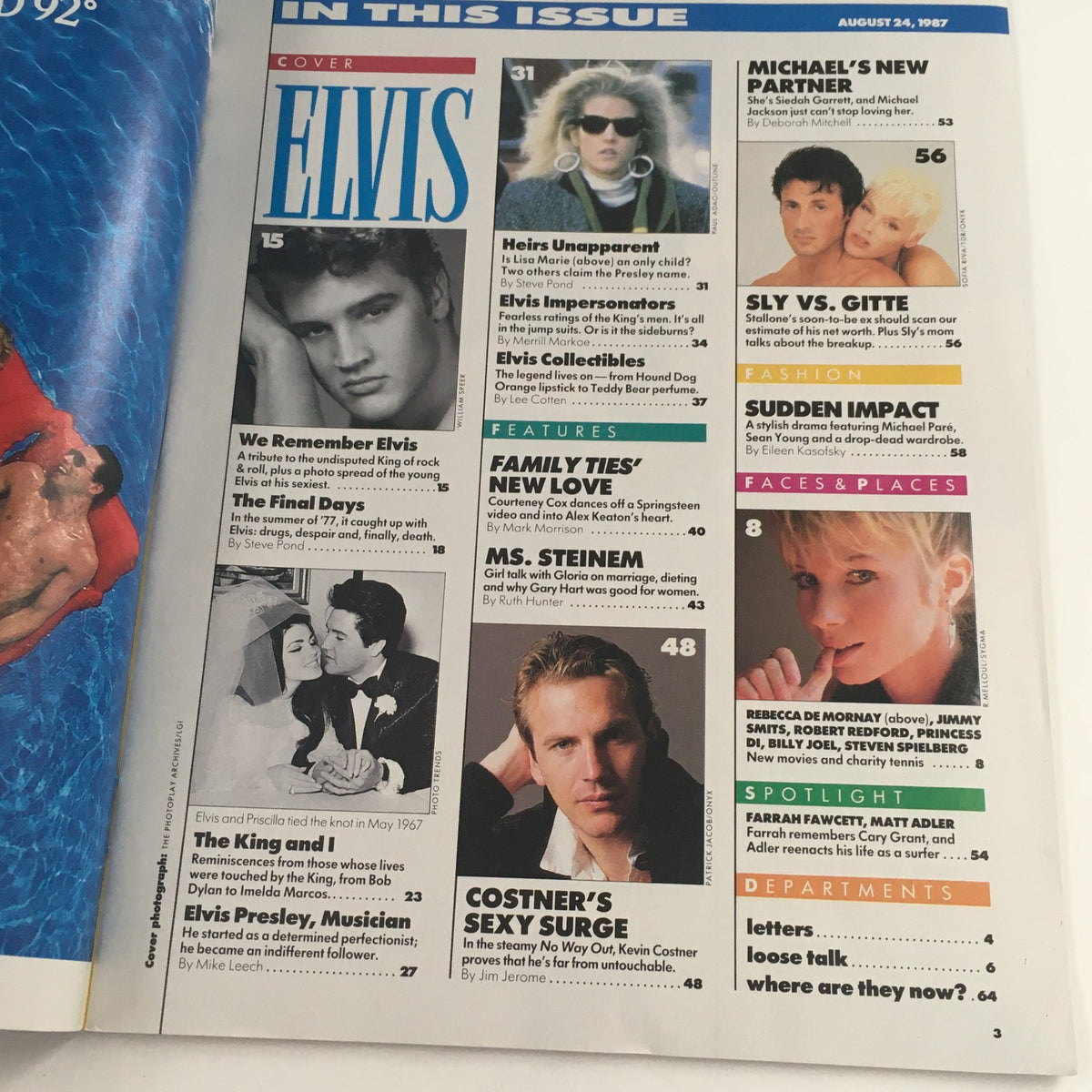 Page highlighting features in US Magazine August 24, 1987 Vol 3 #57, including articles on Elvis Presley and Kevin Costner among other topics.