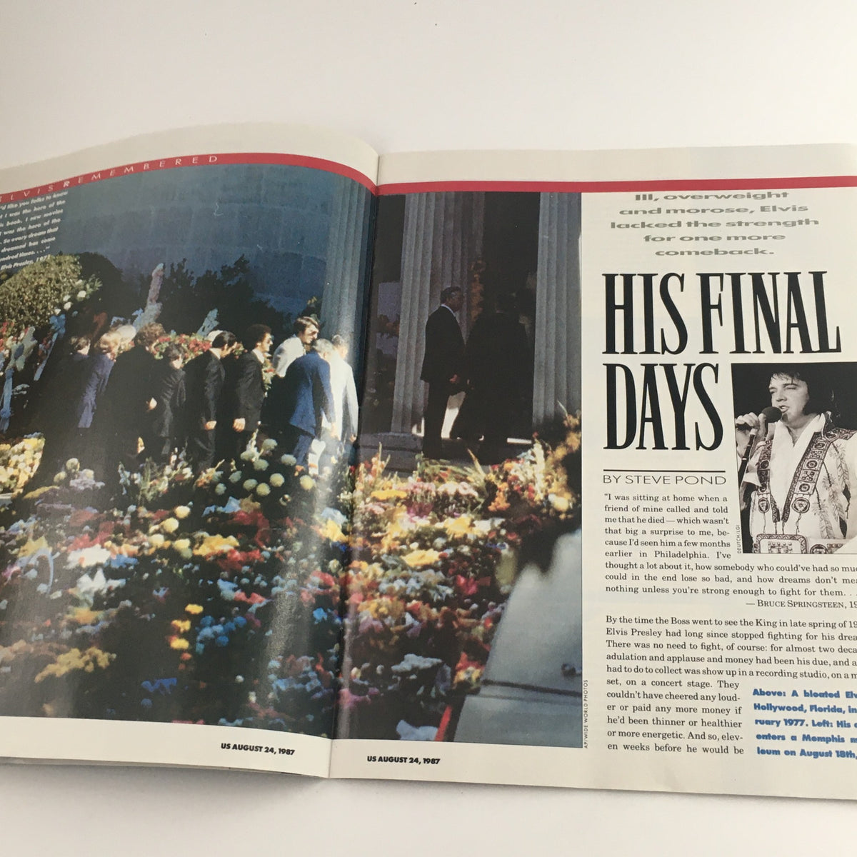 US Magazine August 24 1987 Vol 3 #57 detailing the final days of Elvis Presley with a photo of his memorial surrounded by flowers and fans.
