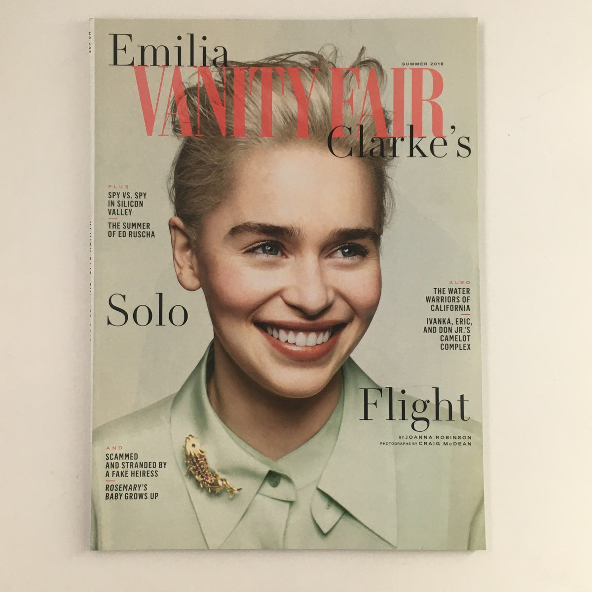 Vanity Fair Magazine Summer 2018 featuring Emilia Clarke on the cover, showcasing the title 'Clarke's Solo Flight'. This vintage issue highlights her journey and is a collectible for fans.