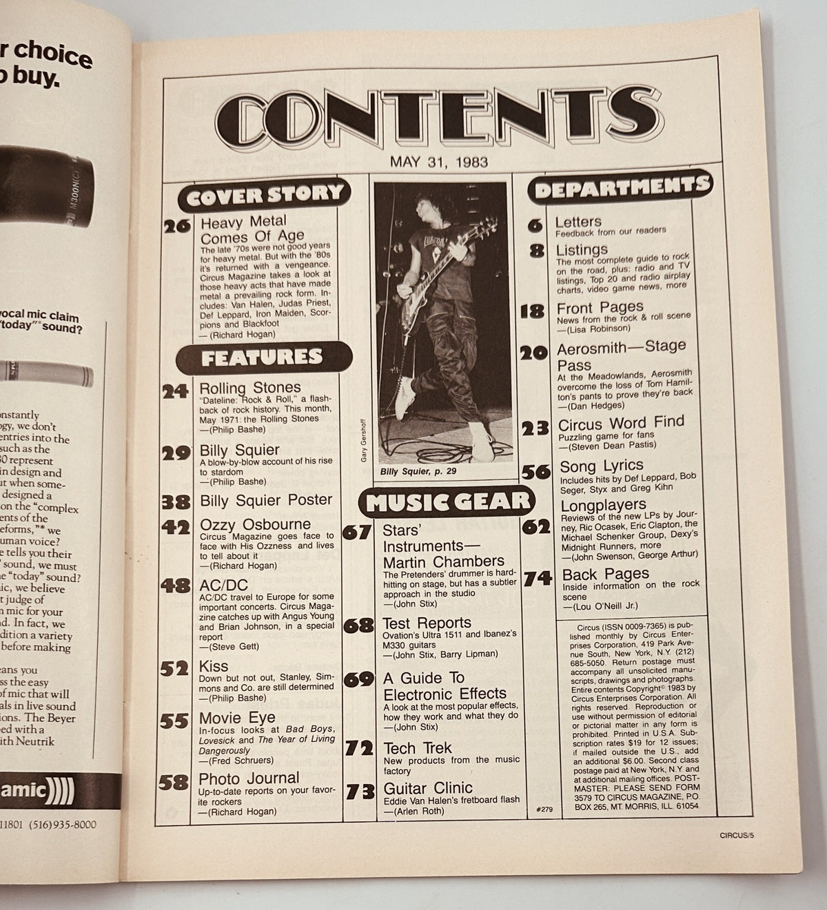 Contents page of Circus Magazine May 31, 1983, detailing articles on heavy metal and featured artists like Billy Squier and Ozzy Osbourne.