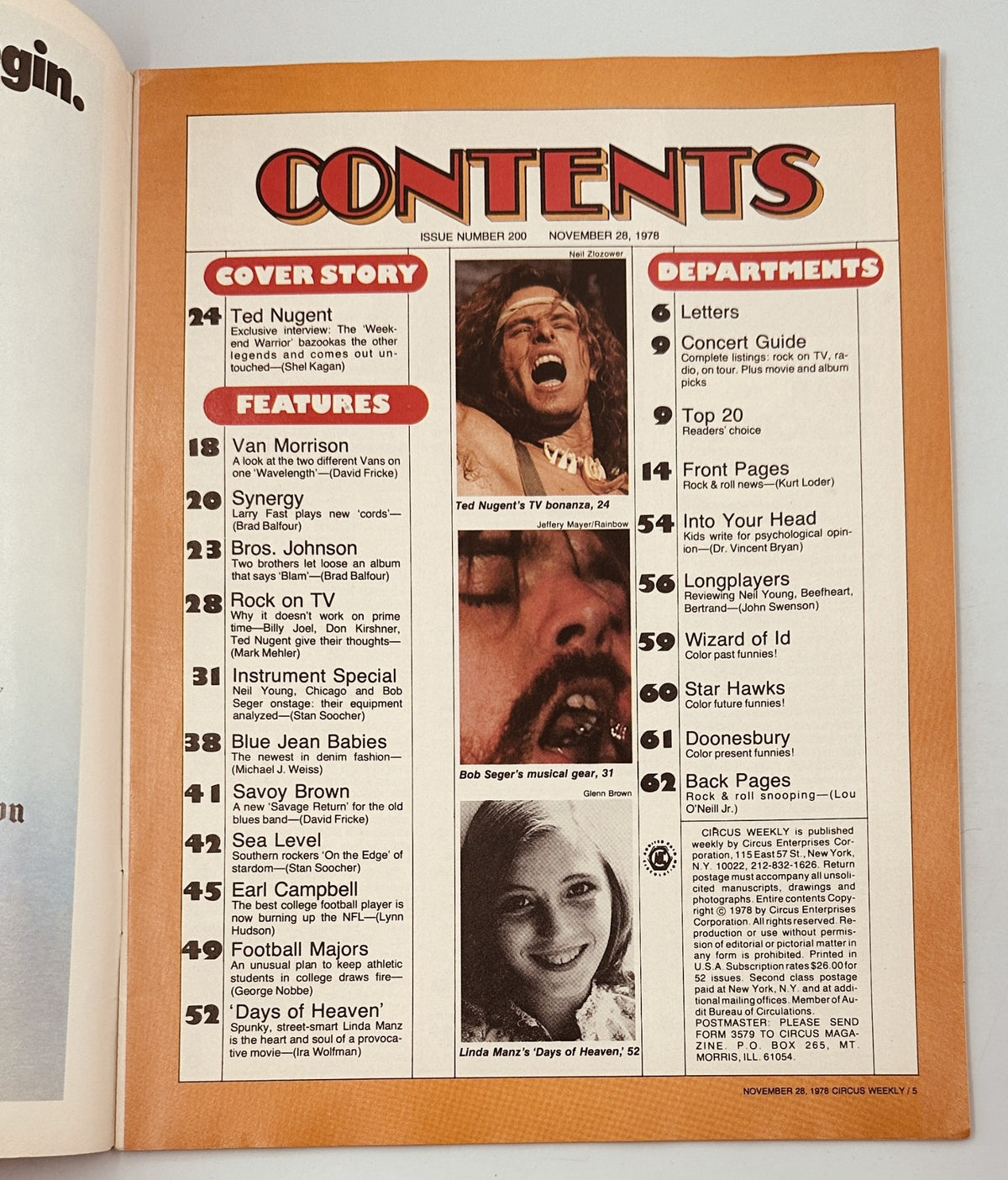 Table of Contents from Circus Weekly Magazine November 28, 1978, detailing feature articles including content on Ted Nugent, Van Morrison, and more. The layout is clear and organized for easy navigation.