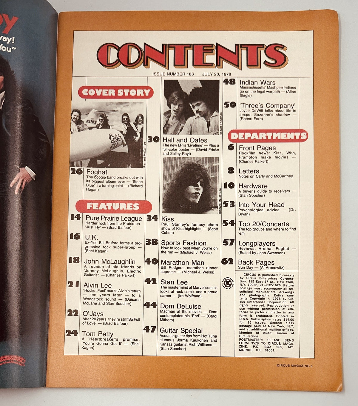 Table of contents from Circus Magazine July 20, 1978 featuring Foghat, Hall and Oates and other artists highlights.