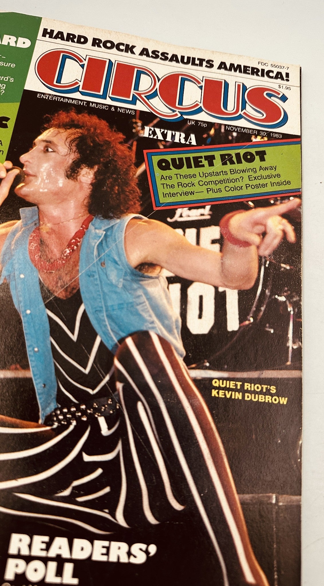 Close-up of Circus Magazine November 30, 1983, showcasing Quiet Riot's Kevin Dubrow on stage, alongside features on AC/DC, Iron Maiden, and upcoming hits.