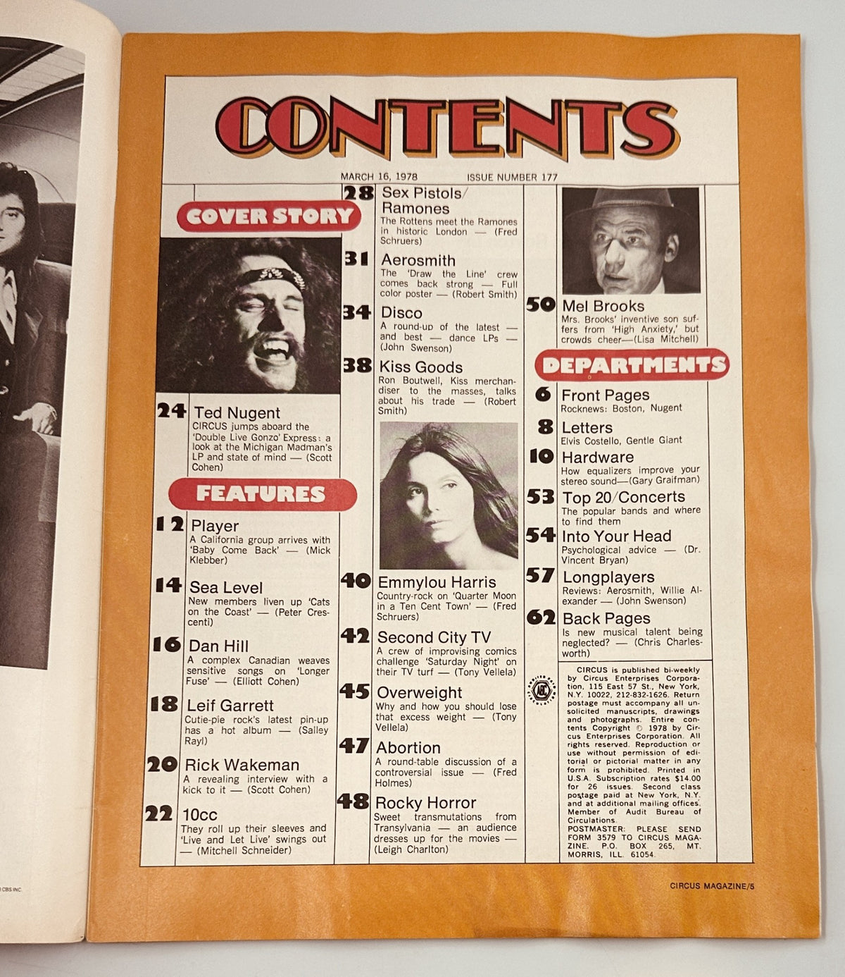Table of contents page from Circus Magazine March 16, 1978, listing articles including Ted Nugent, Sex Pistols, Ramones, and contributions from various music writers.
