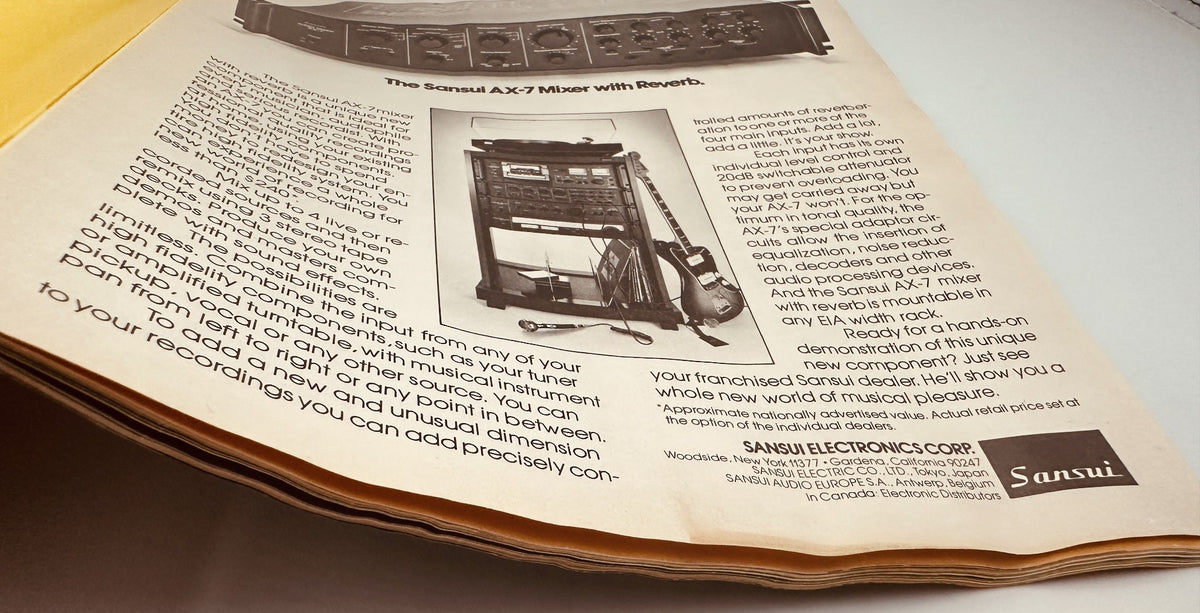 Interior page from Circus Magazine March 16, 1978 featuring an advertisement for the Sansui AX-7 Mixer with Reverb, highlighting sound equipment for music enthusiasts.
