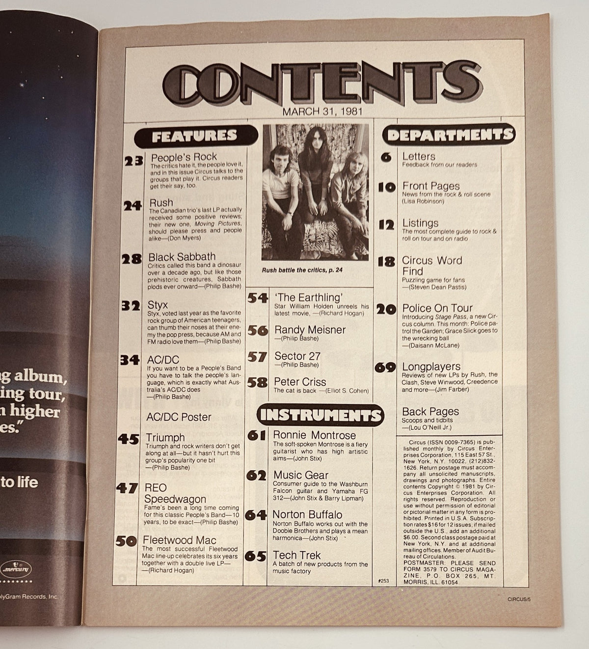 Table of contents from Circus Magazine, March 31, 1981, displaying features on Rush, Black Sabbath, Styx, and AC/DC, along with various departments. The format is designed for easy navigation of the magazine's content.