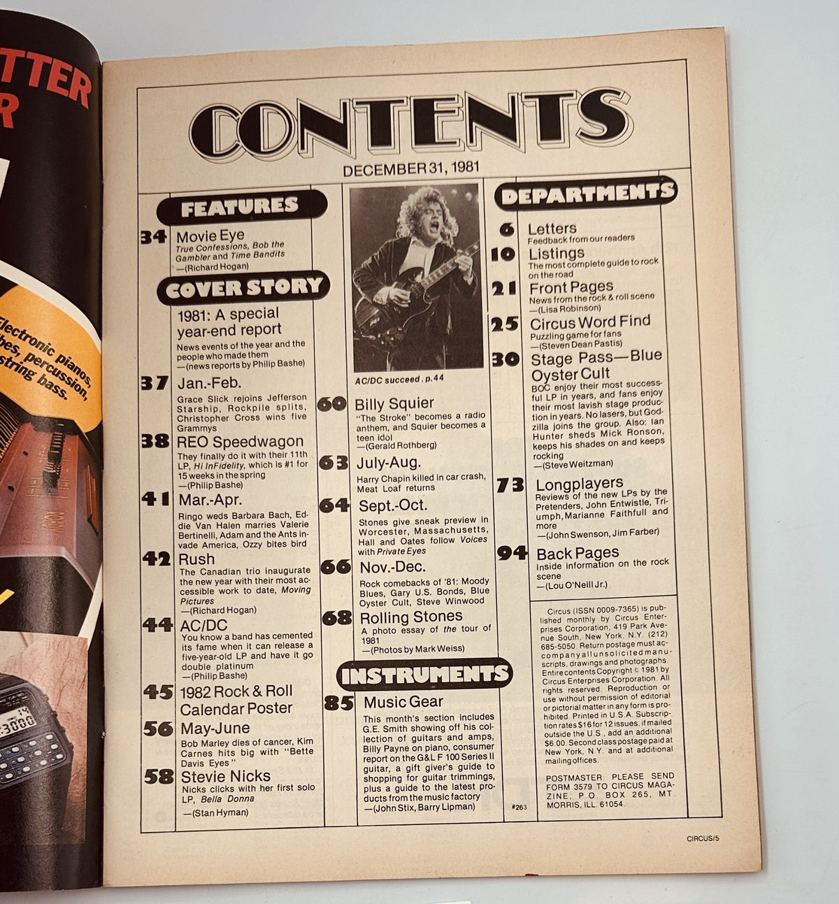 Inside contents page of Circus Magazine December 31, 1981, detailing featured articles about AC/DC, Rush, and more with a focused layout.