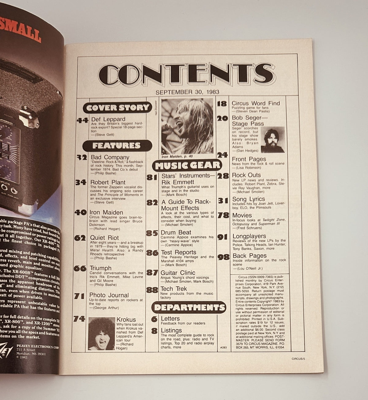 Table of Contents from Circus Magazine September 30, 1983, listing features on Def Leppard, Bad Company, Robert Plant, Iron Maiden, and more.